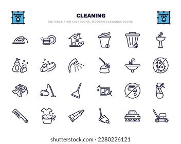 set of cleaning thin line icons. cleaning outline icons such as iron cleanin, house, wiping trash, soap cleanin, sink, vacuum cleanin, no water washing dustpan lawn mower vector.