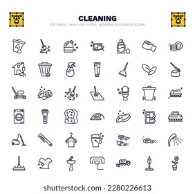 set of cleaning thin line icons. cleaning outline icons such as wiping trash container, bleach cleanin, perfume cleanin, leaves, floor cleaner, shaver cleanin, wiping brush, clean cars, sink vector.