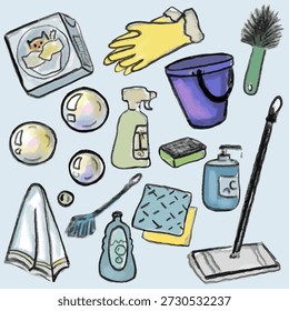 Set of cleaning things. Doodle, hand drawn with pencil , pastel texture. Vector, isolated. Towel, mop, gloves, bucket, soap, brush, sponge.