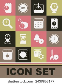 Set Cleaning time, Clock, Alarm clock app mobile, Sunset, Food, Magnifying glass with,  and Calendar icon. Vector