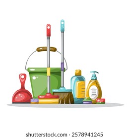 Set of cleaning tools for cleaning in a basket. Hand drawn illustration isolated on white background