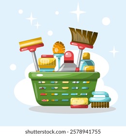 Set of cleaning tools for cleaning in a basket. Hand drawn illustration isolated on white background
