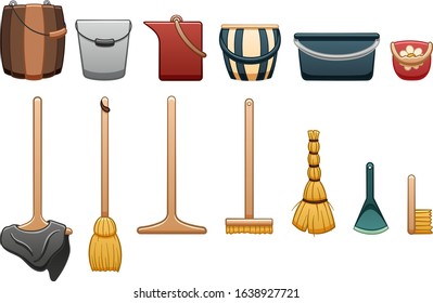 Set of cleaning tools: buckets, mops, besom, broom, dustpan, brush. Isolated illustration. White background, vector.