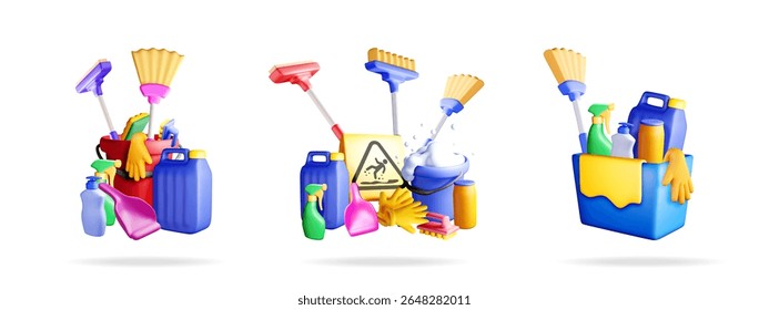 Set of cleaning tools. Colorful house cleaning supplies in bucket. Maintenance and household hygiene for service.