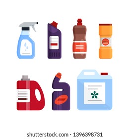 Set of cleaning tools, detergent and disinfectant products, household equipment for washing. Flat vector illustration isolated on white background