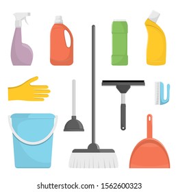 Set of cleaning tools and detergents. Bucket, scoop and brush for sweeping, washing powder, bottle of spray, sponge, brush, glass scraper, rubber gloves. Vector illustration in flat style