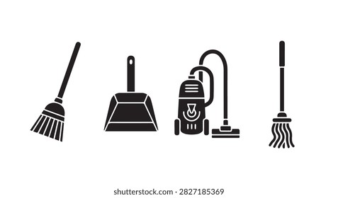 Set of cleaning tools featuring a broom, dustpan, vacuum cleaner, and mop for household or commercial cleaning tasks.