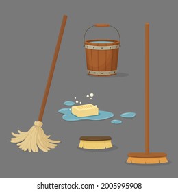 Set of cleaning tools. Floor brush with a wooden handle, mop, an old bucket full of water and soap in a puddle with bubbles. Cartoon style illustration. Vector.