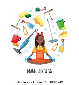 set of cleaning tools and housewife. Vector illustration of black african american cartoon characters.