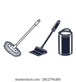 Set of cleaning tools includes mop dustpan and bucket isolated on white background. Vector graphic illustration.