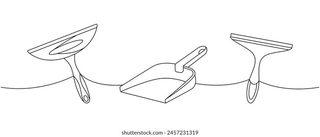 Set of cleaning tools one line continuous drawing. Squeegee cleaning glass, scoop continuous one line illustration. Vector linear illustration.