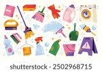 Set of cleaning tools and products. Equipment and accessories collection for cleaning home. Bucket, cleaning supplies, bottles, spray, brush, gloves. Housework concept. Vector illustration isolated