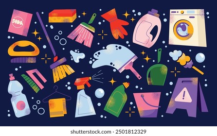 Set of cleaning tools and products. Equipment and accessories collection for cleaning home. Bucket, cleaning supplies, bottles, spray, brush, gloves. Housework concept. Vector illustration isolated