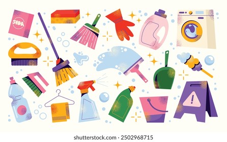 Set of cleaning tools and products. Equipment and accessories collection for cleaning home. Bucket, cleaning supplies, bottles, spray, brush, gloves. Housework concept. Vector illustration isolated