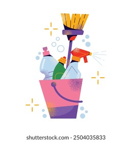 Set of cleaning tools and products. Equipment and accessories collection for cleaning home. Bucket, cleaning supplies, bottles, spray, brush, gloves. Housework concept. Vector illustration isolated