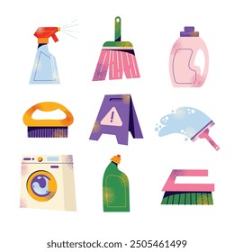 Set of cleaning tools and products. Equipment and accessories collection for cleaning home. Bucket, cleaning supplies, bottles, spray, brush, gloves. Housework concept. Vector illustration isolated