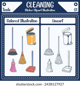 Set of Cleaning Tools Retro Sticker illustration, printable