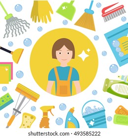 Set for cleaning tools. Cleaning staff, infographics. Flat design style. Vector illustration