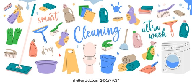 Set of cleaning tools. Toilet bowl, floor mop, bucket, plunger, scoop, sponges, washcloths, brushes, cleaners, towels. Housekeeping service equipment.