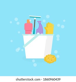 Set of cleaning tools for toilet, floor, and laundry, cleaning service on blue blackground. Vector illustration.