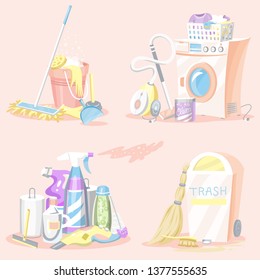 Set of Cleaning tools. Washing machine, Detergents Cleanser, Water bucket for Mopping, Chemicals Appliances for service. House icons for poster. Cartoon Household.