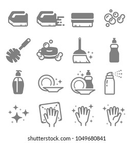 Set Of Cleaning Vector Line Icons. Brush, Spray, Bubbles, Clean Surface, Soap, Dish, Hand, Blink, Bubble And More.