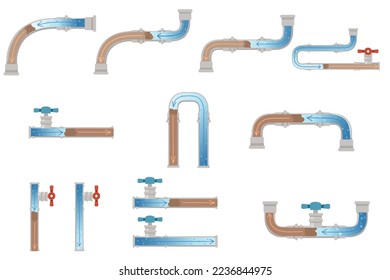 Set of Cleaning water pipe with chemical agent unclogging process vector illustration isolated on white background