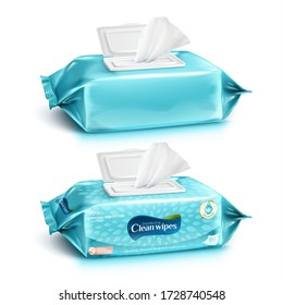 Set of cleaning wipes in light greenish blue design, one with package design and one without, 3d illustration