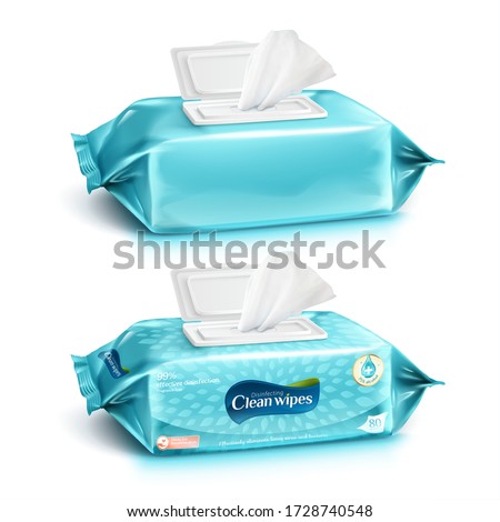 Set of cleaning wipes in light greenish blue design, one with package design and one without, 3d illustration