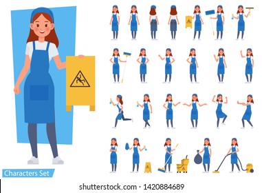 Set Of Cleaning Woman Staff Character Vector Design. Presentation In Various Action With Emotions, Running, Standing And Walking.