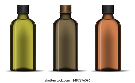 Set Of Clear Dark Color Glass Bottles With Screw Caps Isolated On White Background, Realistic Vector Illustration. Blank Template For Design.