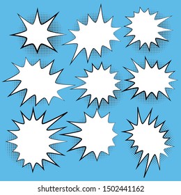 Set of Clear empty boom comic text speech bubble Pop Art Style. Empty wow balloon, Message cloud collection, different shapes with halftone dot shadows on blue background  - vector
