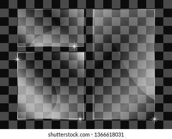 Set of clear glass plates. Vector glass banners on transparent background. Transparent elements. Plastic banners with reflection and shadow. 