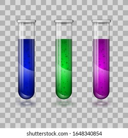 Set of clear glass test tubes with liquid and bubbles. Vector illustration
