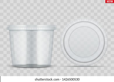 Set of Clear Plastic container with lid for food. Circle Realistic Blank of Food delivery and foodstuff. Vector Illustration isolated on background.