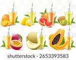 Set of clear plastic cups with juice or smoothie. Cup with sphere dome cap for milkshake, lemonade. Fruity organic shake with different exotic fruits. Fruit cocktail. Realistic 3d vector template