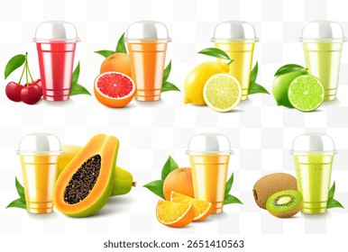 Conjunto de copos de plástico transparente com suco ou smoothie. Xícara com tampa de cúpula de esfera para milkshake, limonada. Agitar frutado orgânico com diferentes frutos exóticos. Coquetel de frutas. Modelo de vetor 3d realista