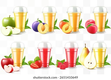 Conjunto de copos de plástico transparente com suco ou smoothie. Xícara com tampa de cúpula de esfera para milkshake, limonada. Agitar frutado orgânico com diferentes frutos exóticos. Coquetel de frutas. Modelo de vetor 3d realista