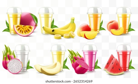 Conjunto de copos de plástico transparente com suco ou smoothie. Xícara com tampa de cúpula de esfera para milkshake, limonada. Agitar frutado orgânico com diferentes frutos exóticos. Coquetel de frutas. Modelo de vetor 3d realista