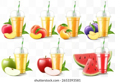 Conjunto de copos de plástico transparente com suco ou smoothie. Xícara com tampa de cúpula de esfera para milkshake, limonada. Agitar frutado orgânico com diferentes frutos exóticos. Coquetel de frutas. Modelo de vetor 3d realista