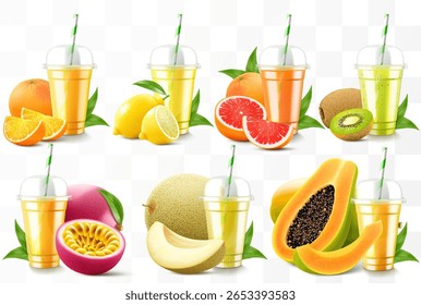Conjunto de copos de plástico transparente com suco ou smoothie. Xícara com tampa de cúpula de esfera para milkshake, limonada. Agitar frutado orgânico com diferentes frutos exóticos. Coquetel de frutas. Modelo de vetor 3d realista