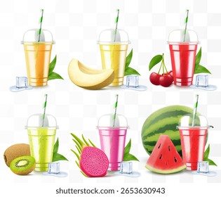Conjunto de copos de plástico transparente com suco ou smoothie. Xícara com tampa de cúpula de esfera para milkshake, limonada. Agitar frutado orgânico com diferentes frutos exóticos. Coquetel de frutas. Modelo de vetor 3d realista