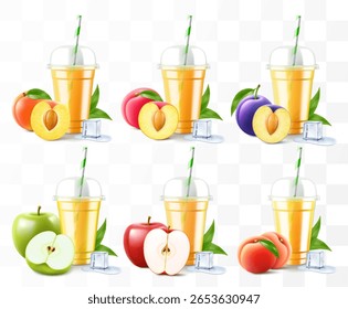 Conjunto de copos de plástico transparente com suco ou smoothie. Xícara com tampa de cúpula de esfera para milkshake, limonada. Agitar frutado orgânico com diferentes frutos exóticos. Coquetel de frutas. Modelo de vetor 3d realista