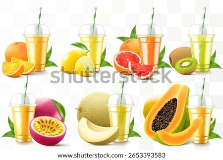 Set of clear plastic cups with juice or smoothie. Cup with sphere dome cap for milkshake, lemonade. Fruity organic shake with different exotic fruits. Fruit cocktail. Realistic 3d vector template
