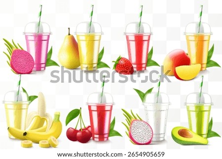 Set of clear plastic cups with juice or smoothie. Cup with sphere dome cap for milkshake, lemonade. Fruity organic shake with different exotic fruits. Fruit cocktail. Realistic 3d vector template