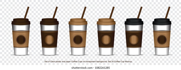 Set of Clear plastic and paper Coffee Cups on transparent background. Set 3d Coffee Cup Mockup.