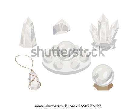 Set of Clear Quartz. White Crystal of different forms isolated on white background.