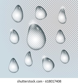 A set of clear realistic water drops.
Transparent raindrops of liquid water. 
Vector illustration