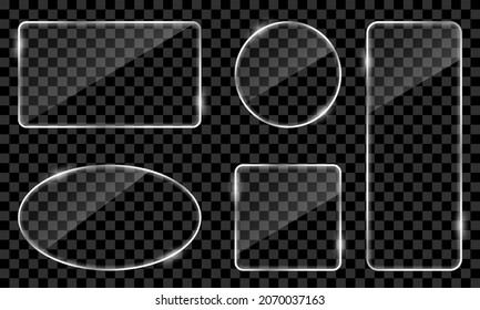 Set of Clear Shiny Frame Glass with Glossy Effect. Collection of Realistic Glass on Black Transparent Background. Mockup of Gloss Silver Plates. Isolated Vector Illustration.