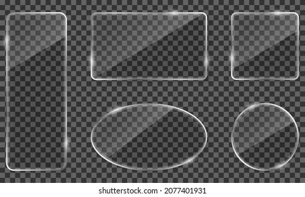 Set of Clear Shiny Frame Glass with different Shape and Border. 3D Window Effect with Flare on Transparent Background. Acrylic and Glass Texture with Light and Glares. Isolated Vector Illustration.